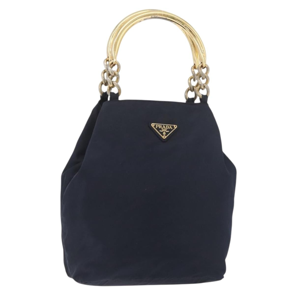 PRADA Metal Handle Hand Bag Nylon Navy Gold Auth 178739