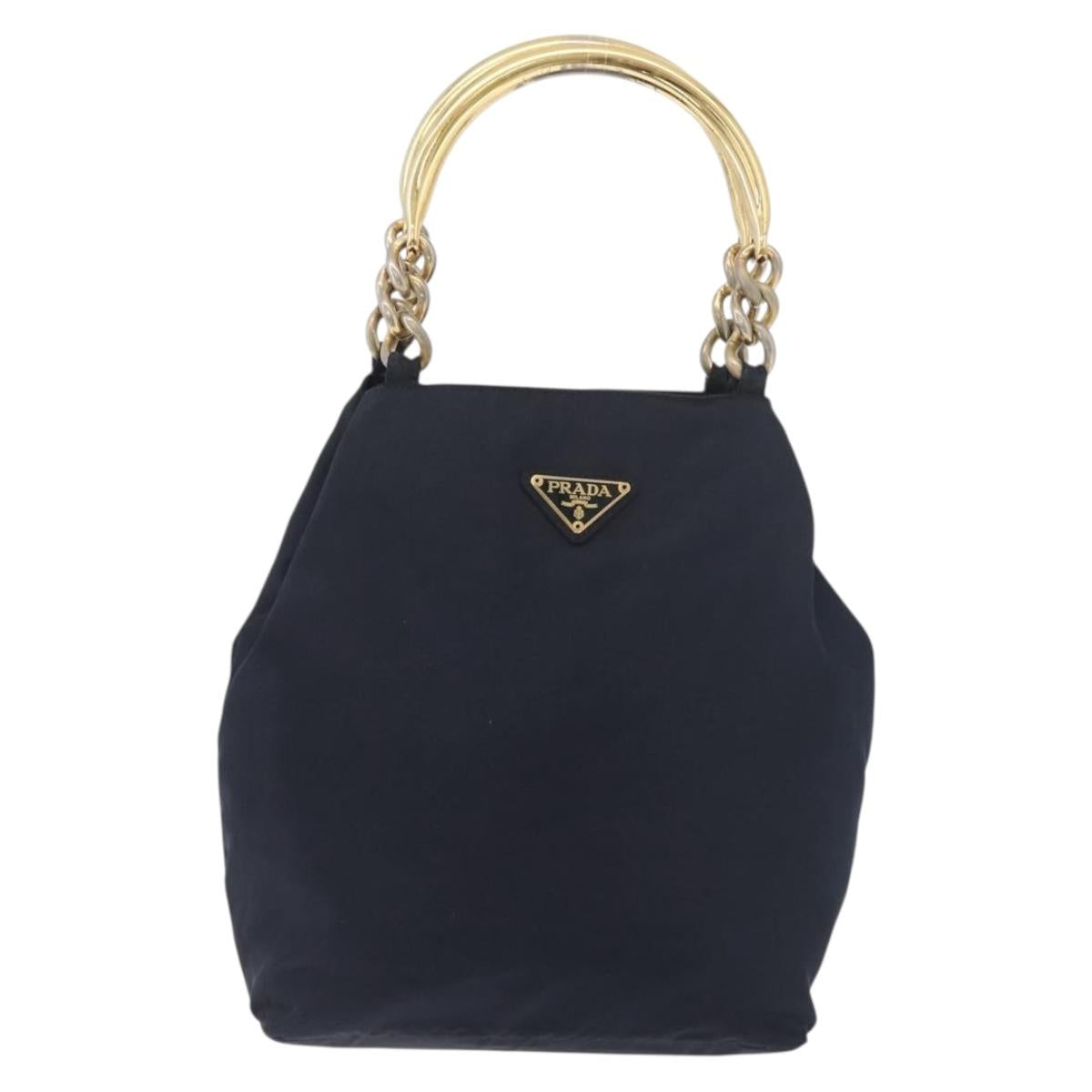 PRADA Metal Handle Hand Bag Nylon Navy Gold Auth 178739