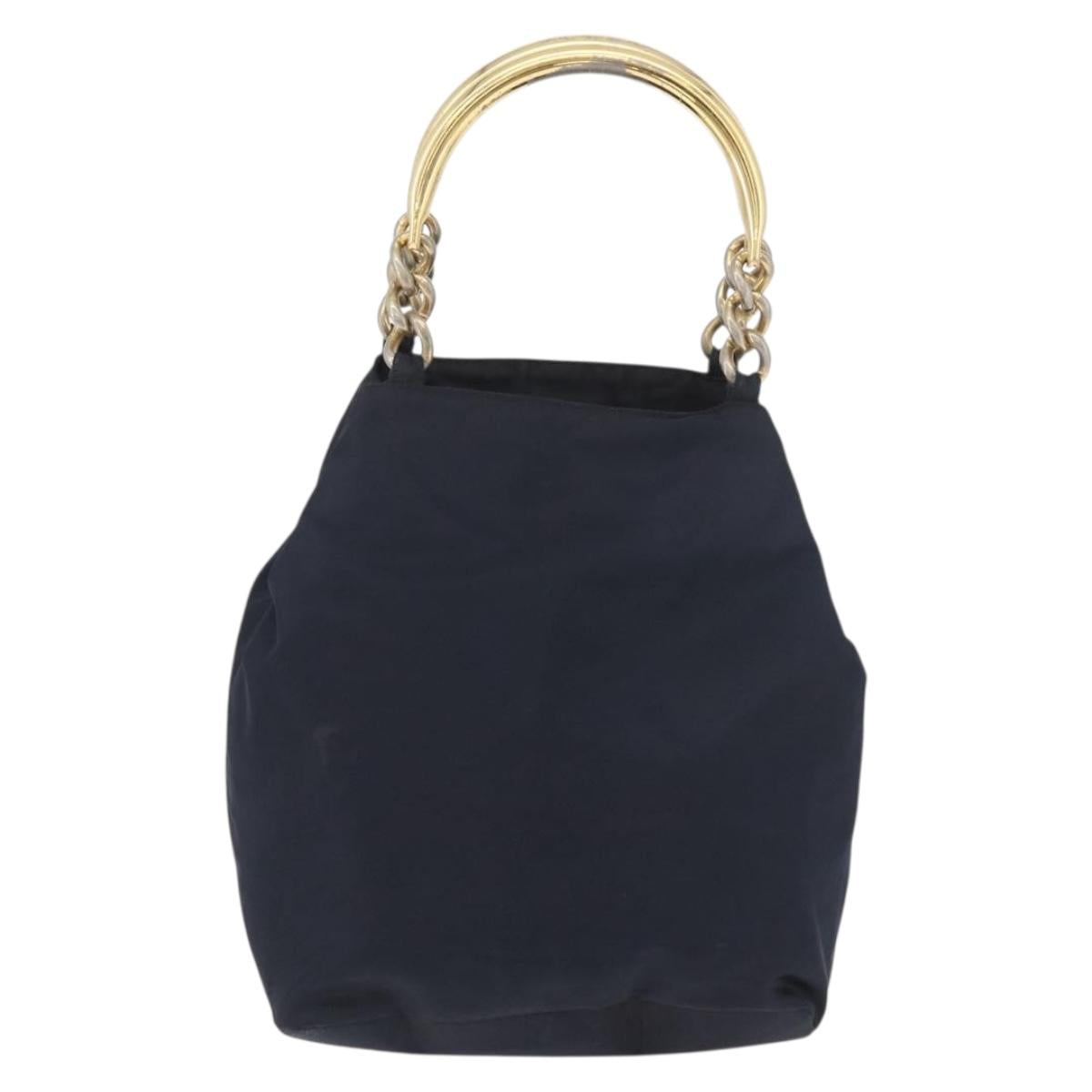 PRADA Metal Handle Hand Bag Nylon Navy Gold Auth 178739