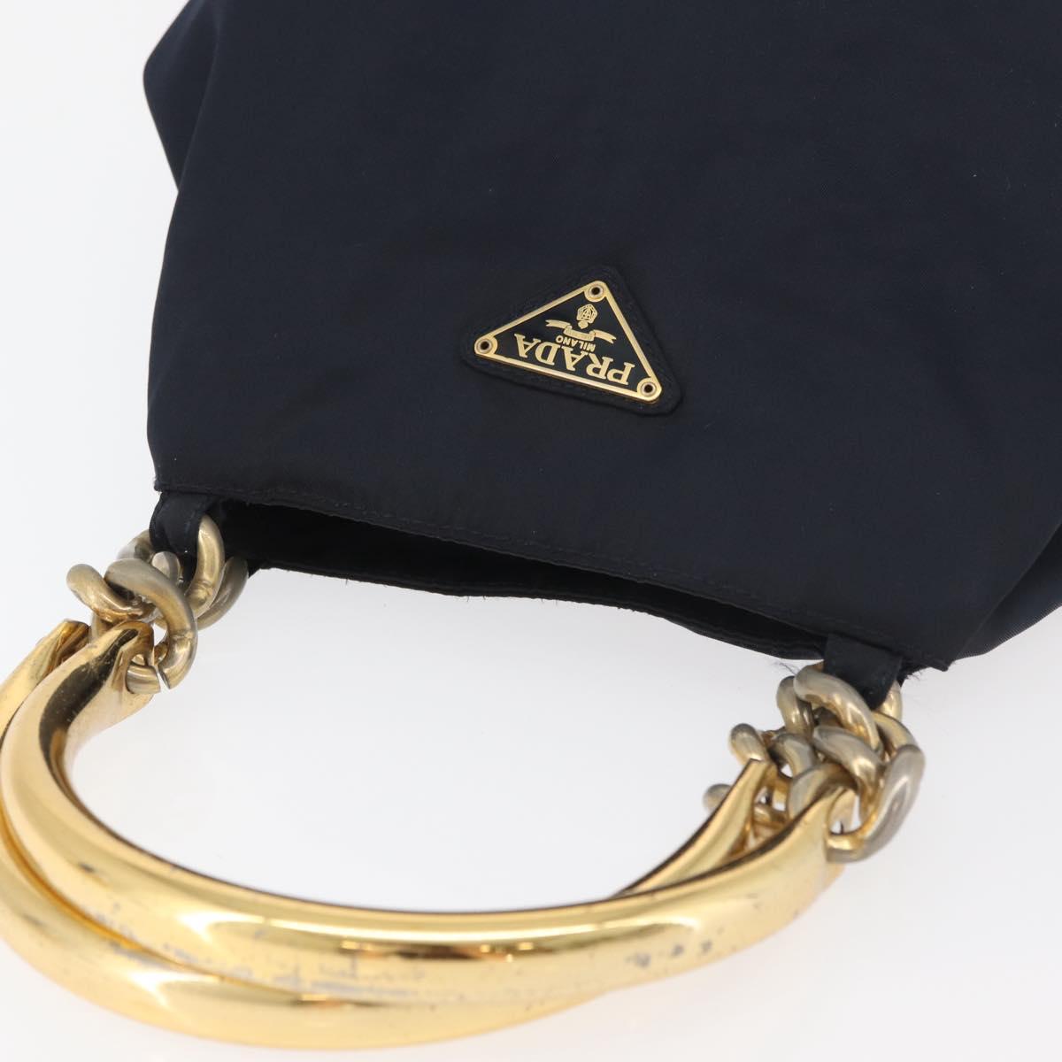 PRADA Metal Handle Hand Bag Nylon Navy Gold Auth 178739