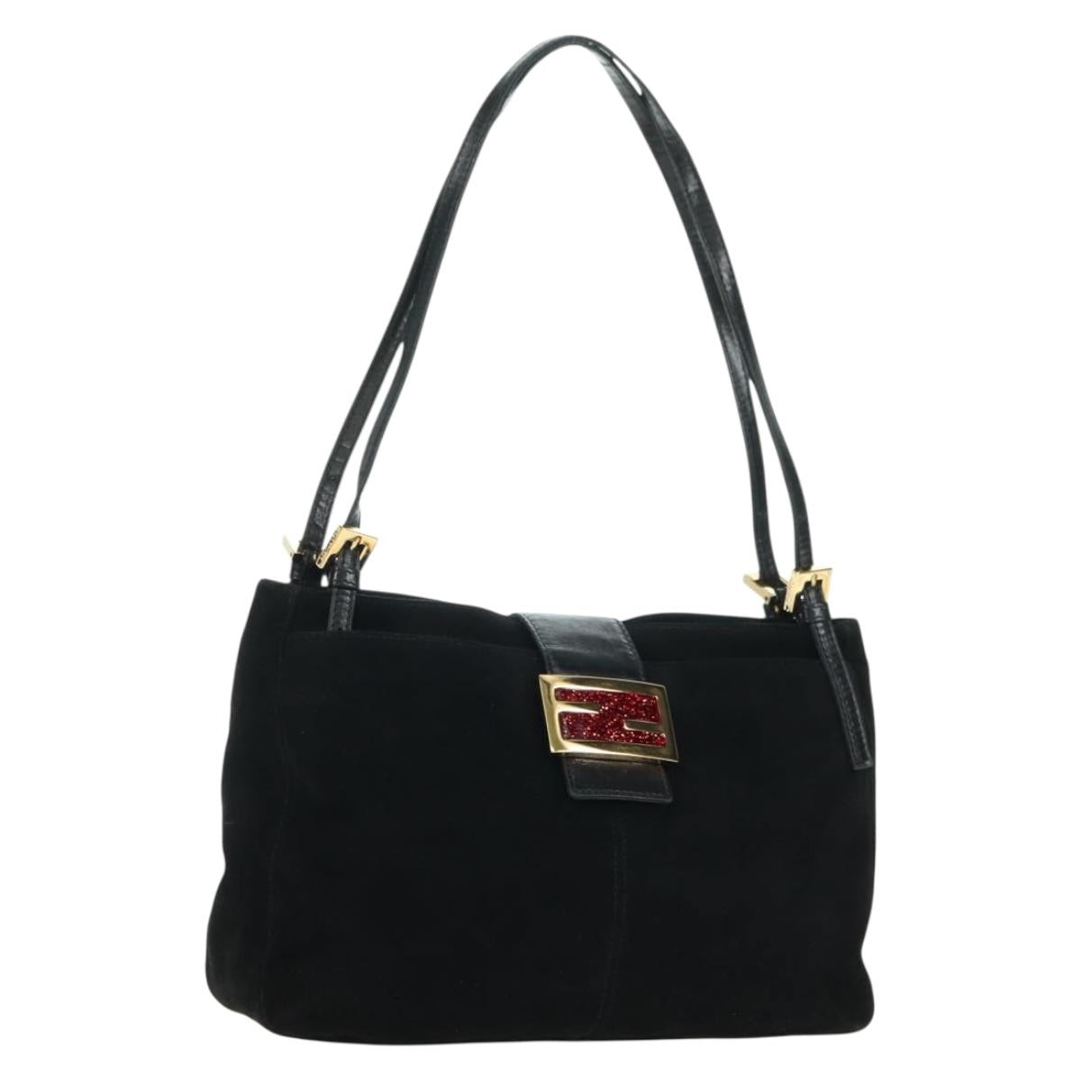 FENDI Mamma Baguette Tote Bag Suede Black Gold Auth 178745V