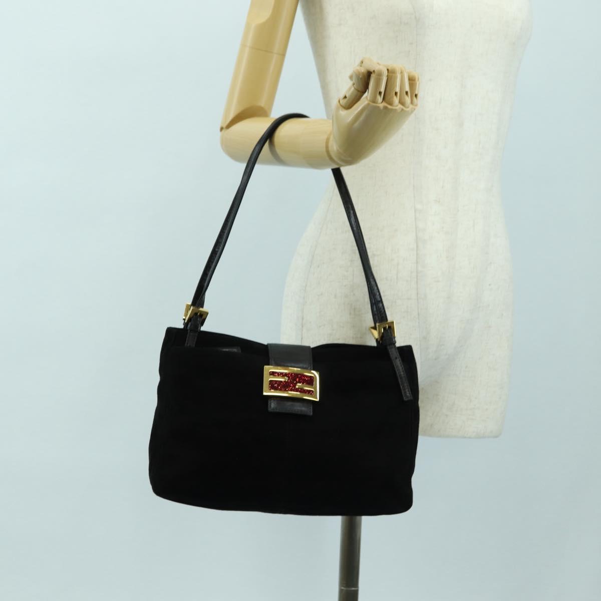 FENDI Mamma Baguette Tote Bag Suede Black Gold Auth 178745V
