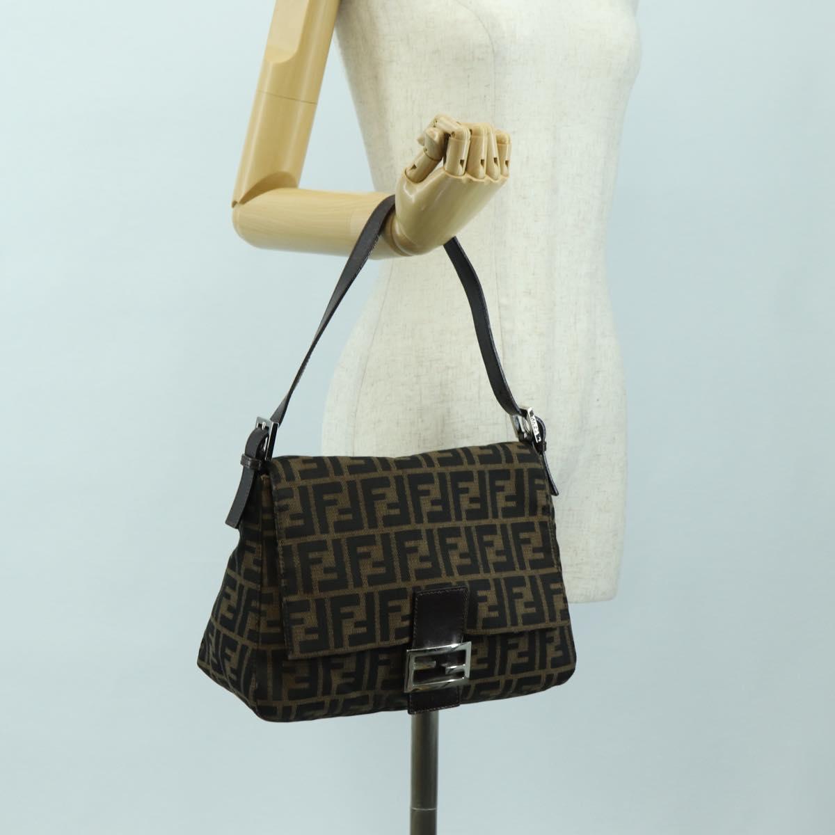 FENDI Zucca Canvas Mamma Baguette Shoulder Bag Black Brown Auth 178747V