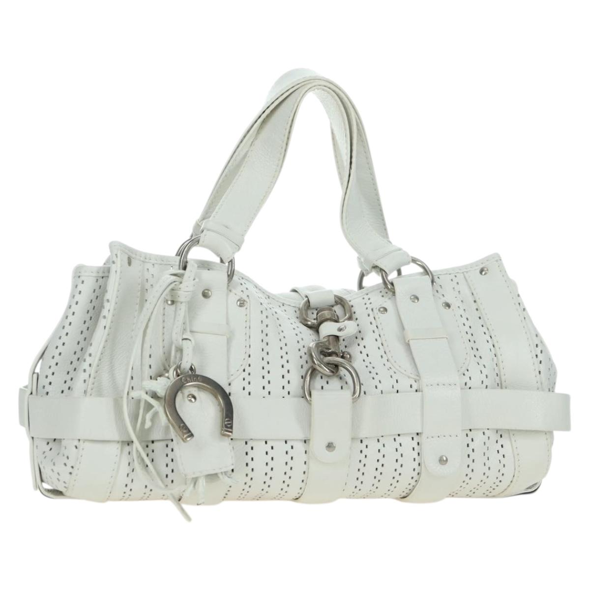Chloe Kerala Hand Bag Leather White Silver Auth 178748V