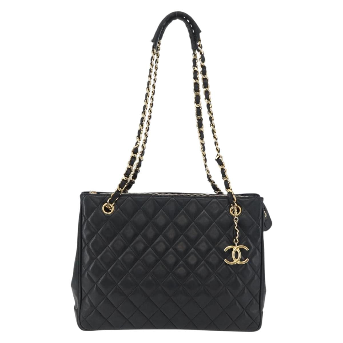 CHANEL Matelasse Chain Tote Bag Lamb Skin Black Gold CC Auth 178772V