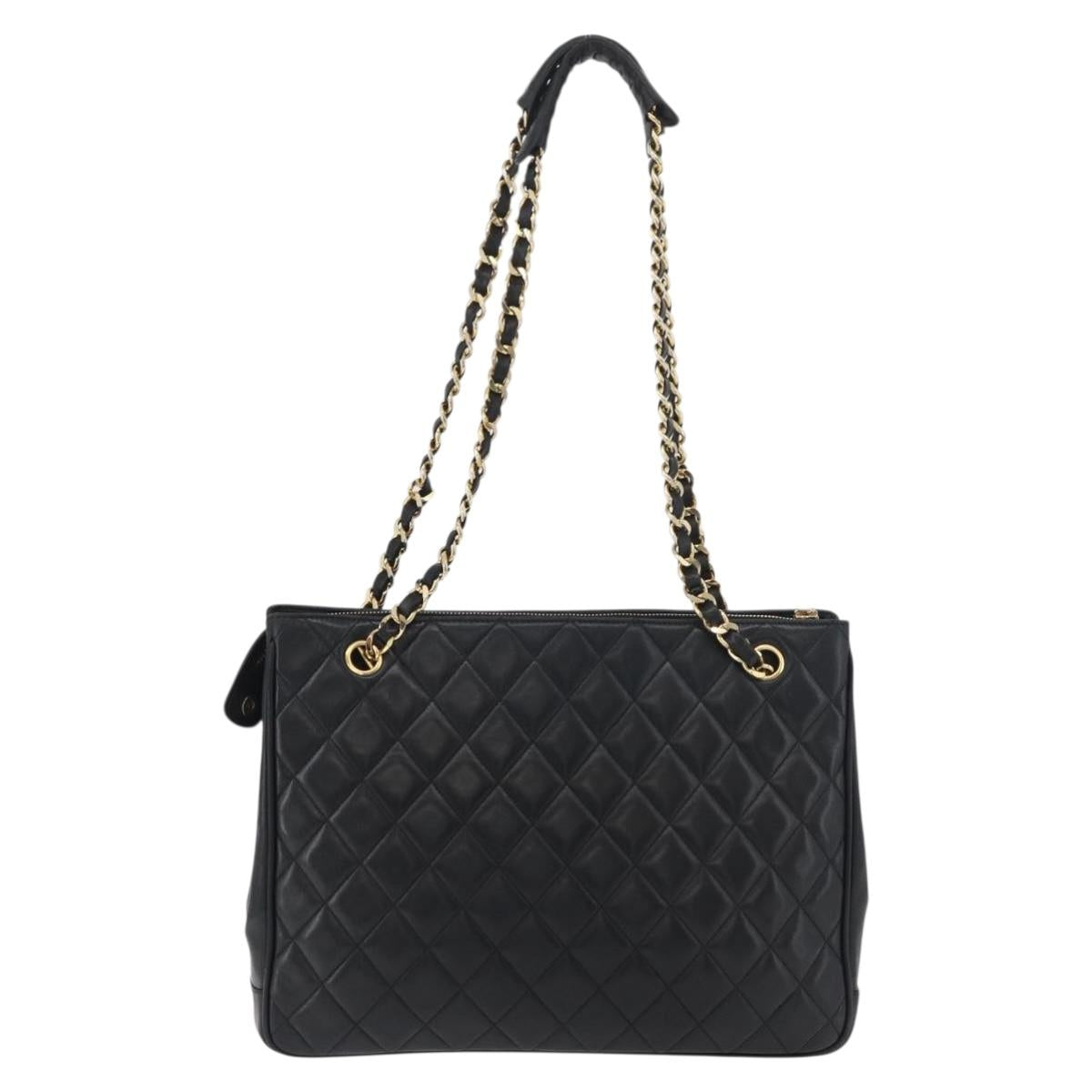 CHANEL Matelasse Chain Tote Bag Lamb Skin Black Gold CC Auth 178772V