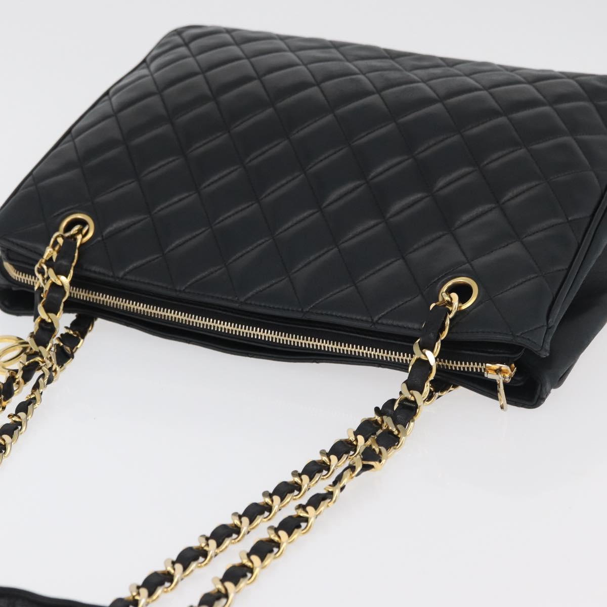 CHANEL Matelasse Chain Tote Bag Lamb Skin Black Gold CC Auth 178772V
