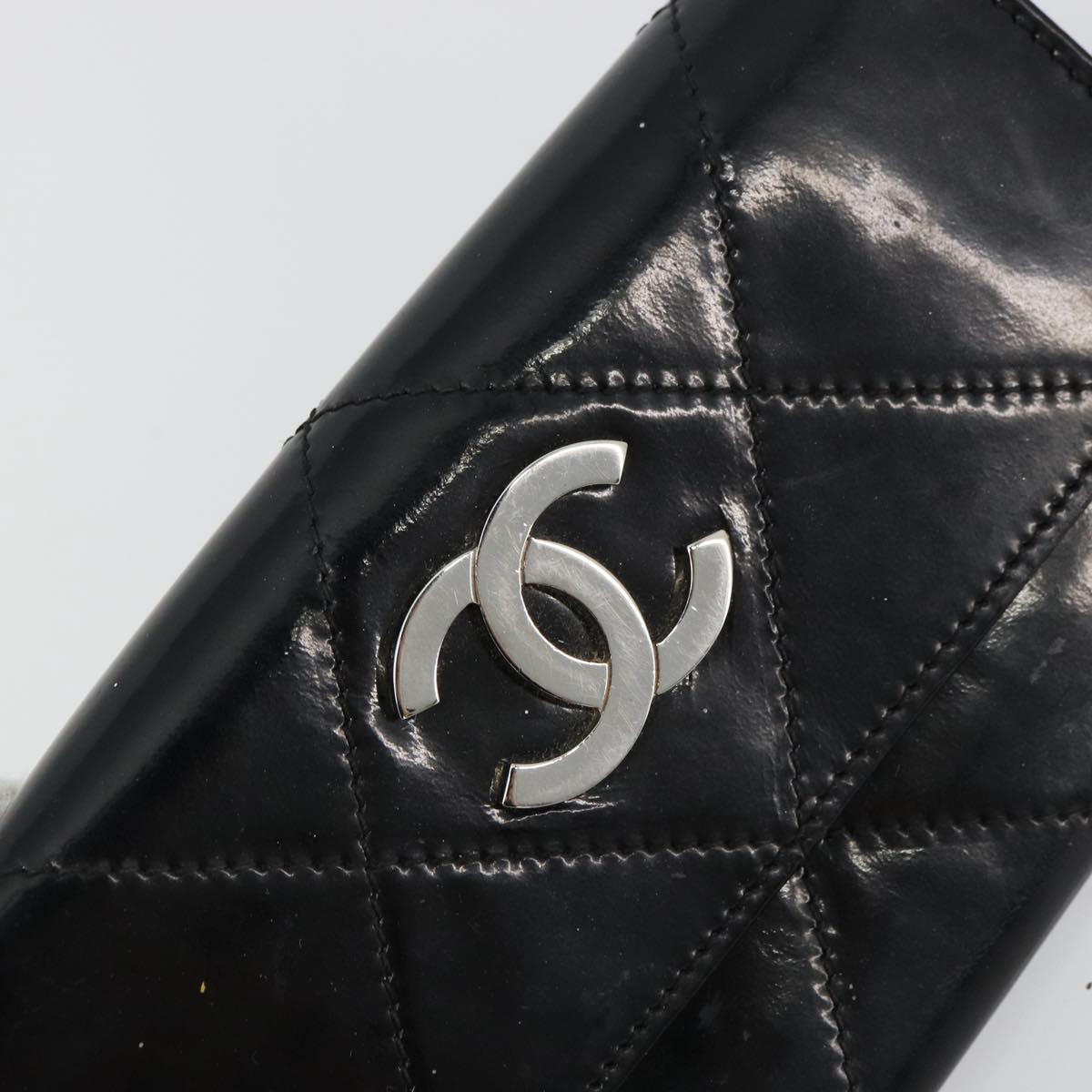 CHANEL Matelasse Chain Wallet Patent leather Black Silver CC Auth 178781A