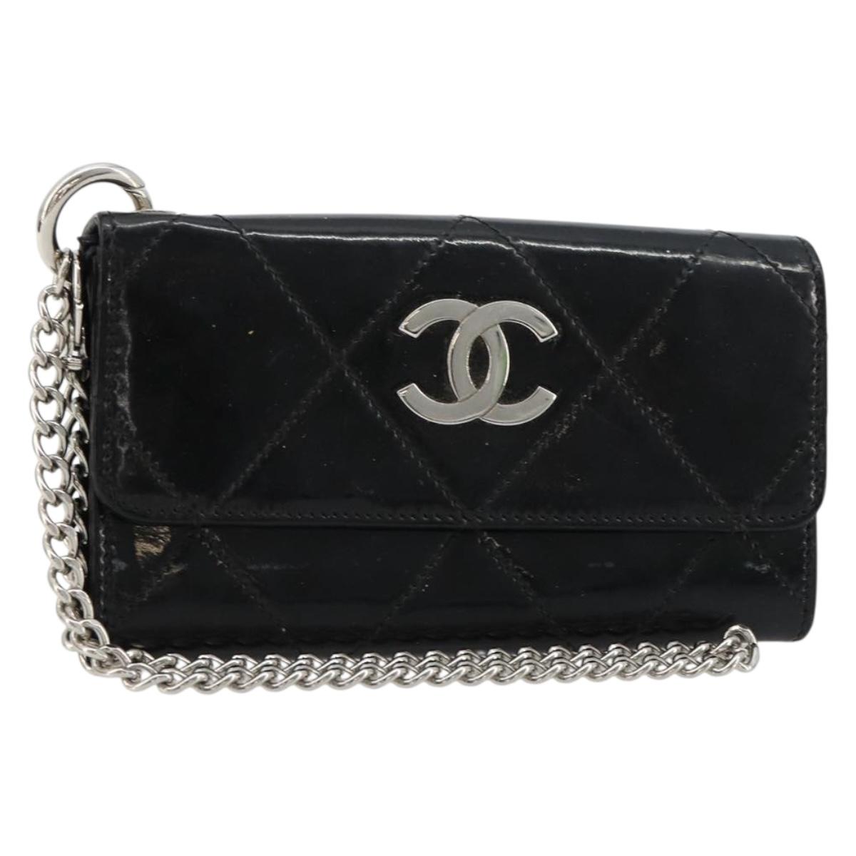 CHANEL Matelasse Chain Wallet Patent leather Black Silver CC Auth 178781A