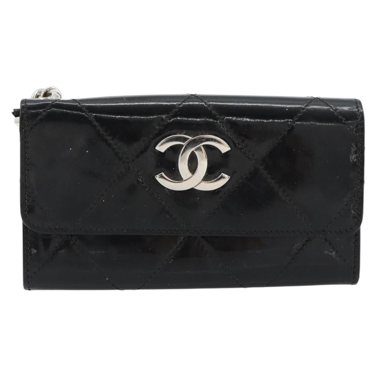 CHANEL Matelasse Chain Wallet Patent leather Black Silver CC Auth 178781A