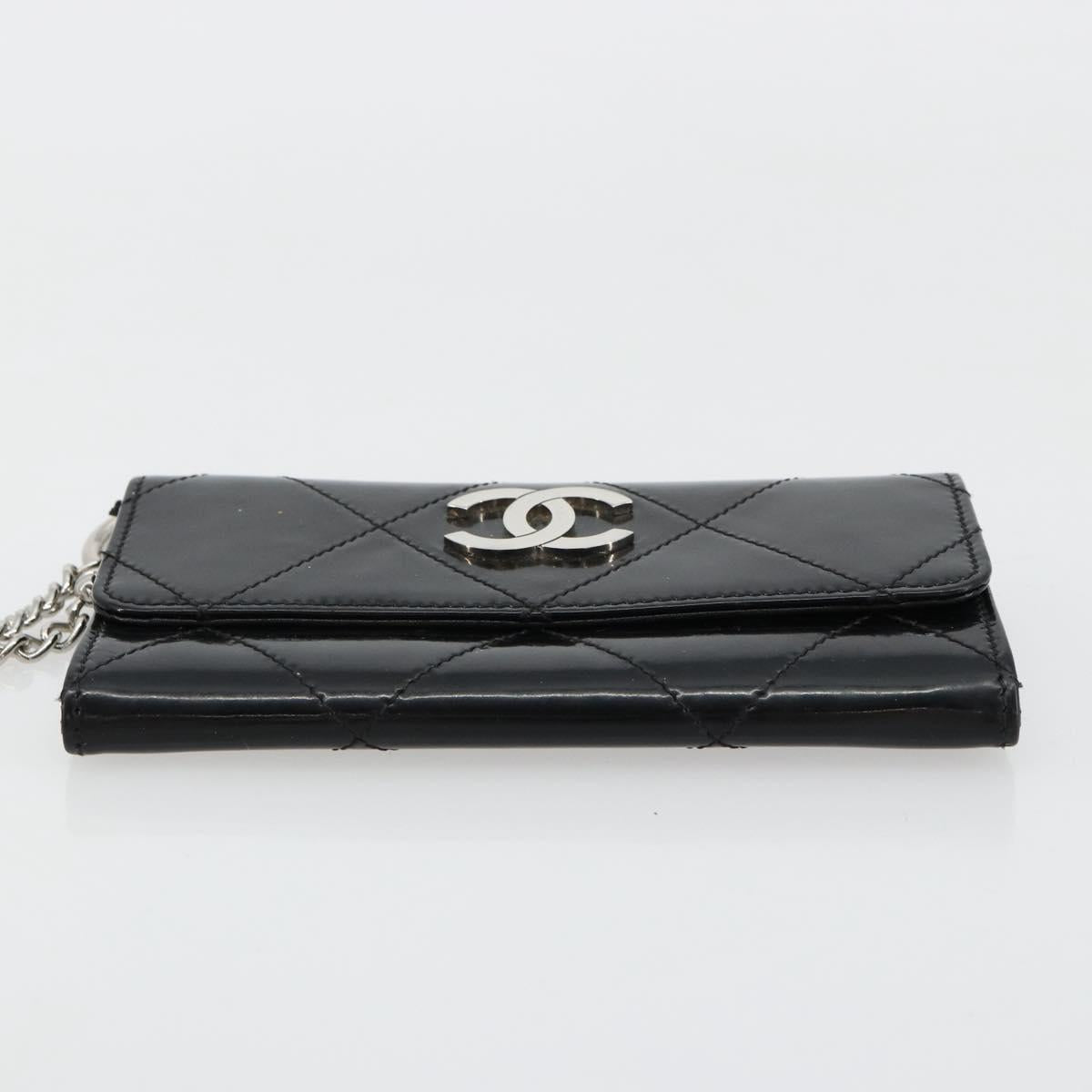 CHANEL Matelasse Chain Wallet Patent leather Black Silver CC Auth 178781A