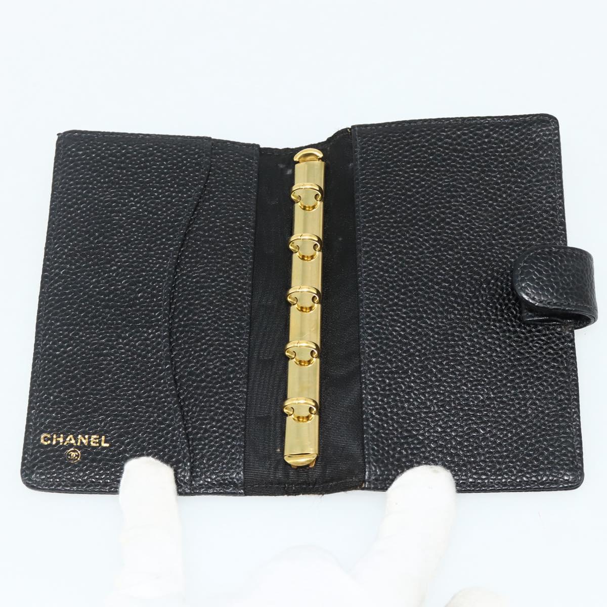 CHANEL Day Planner Cover Caviar Skin Black Gold CC Auth 178788A
