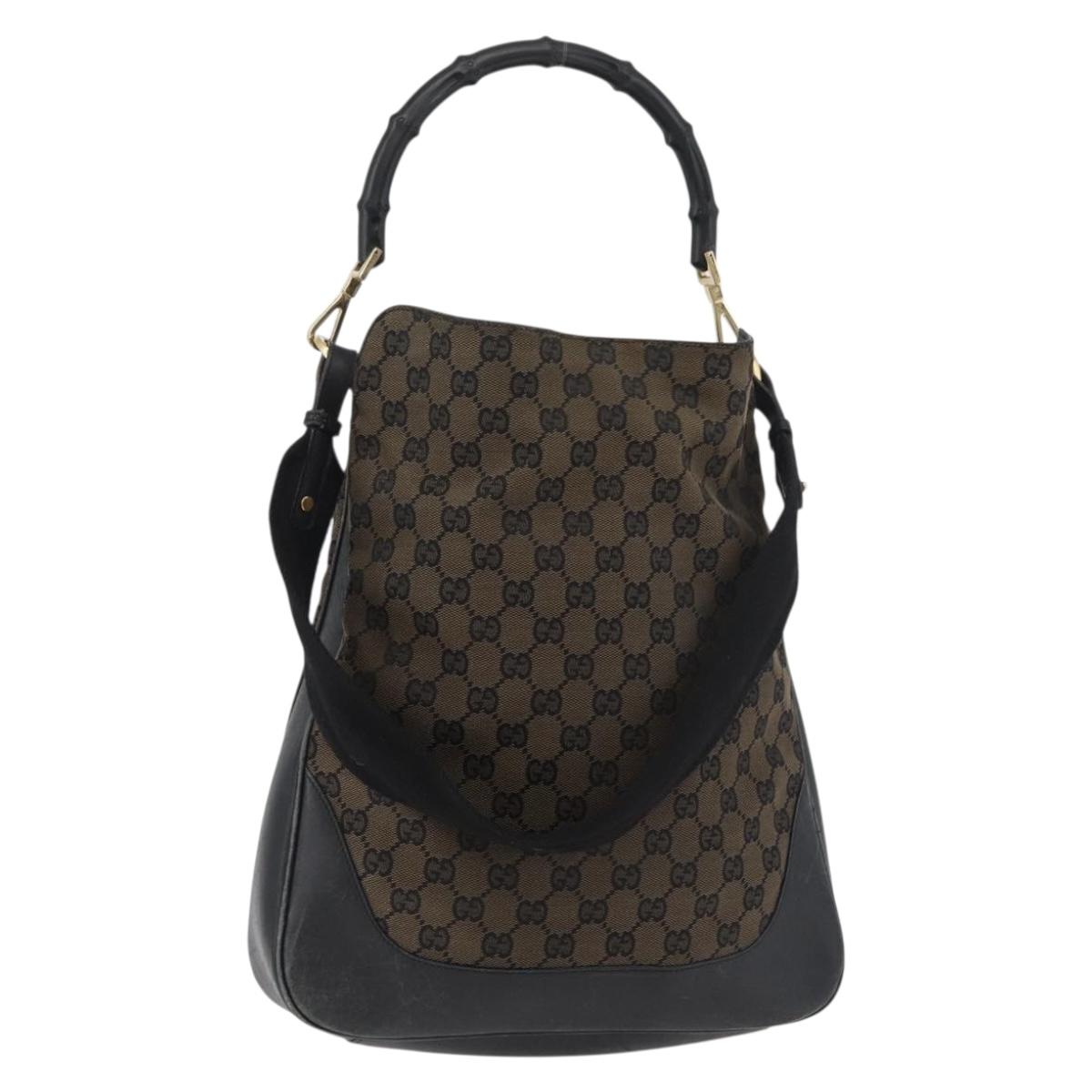 GUCCI GG Canvas Bamboo Shoulder Bag 2way Navy Gold 001 4058 Auth 178808