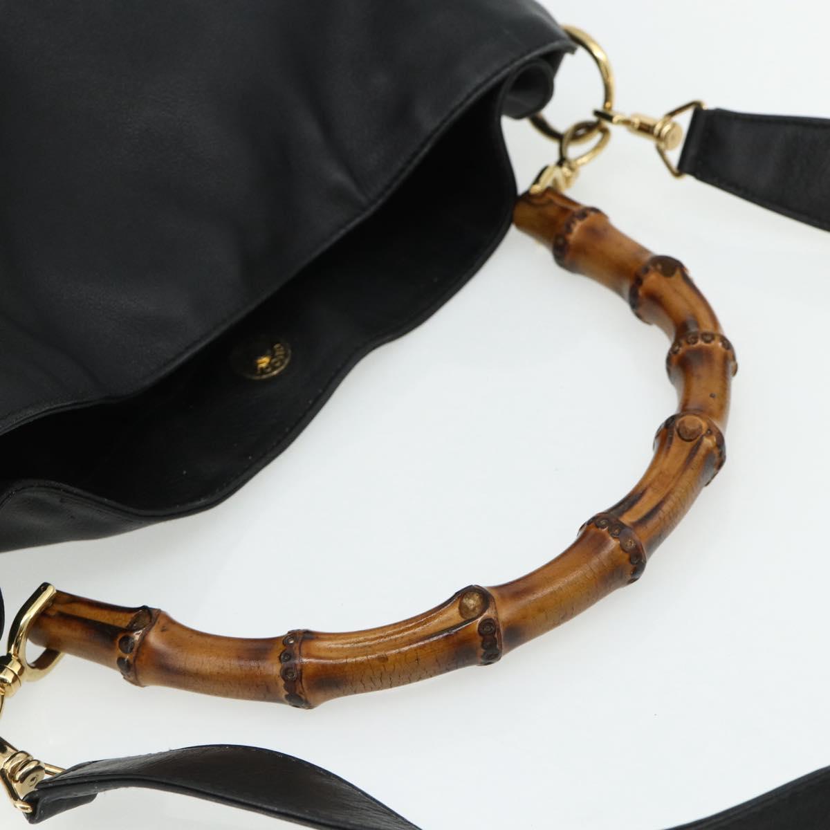 GUCCI Bamboo Shoulder Bag Leather 2way Black Gold 001 1577 Auth 178821