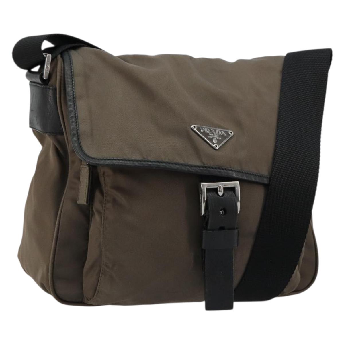 PRADA Shoulder Bag Nylon Beige Silver Auth 178834A