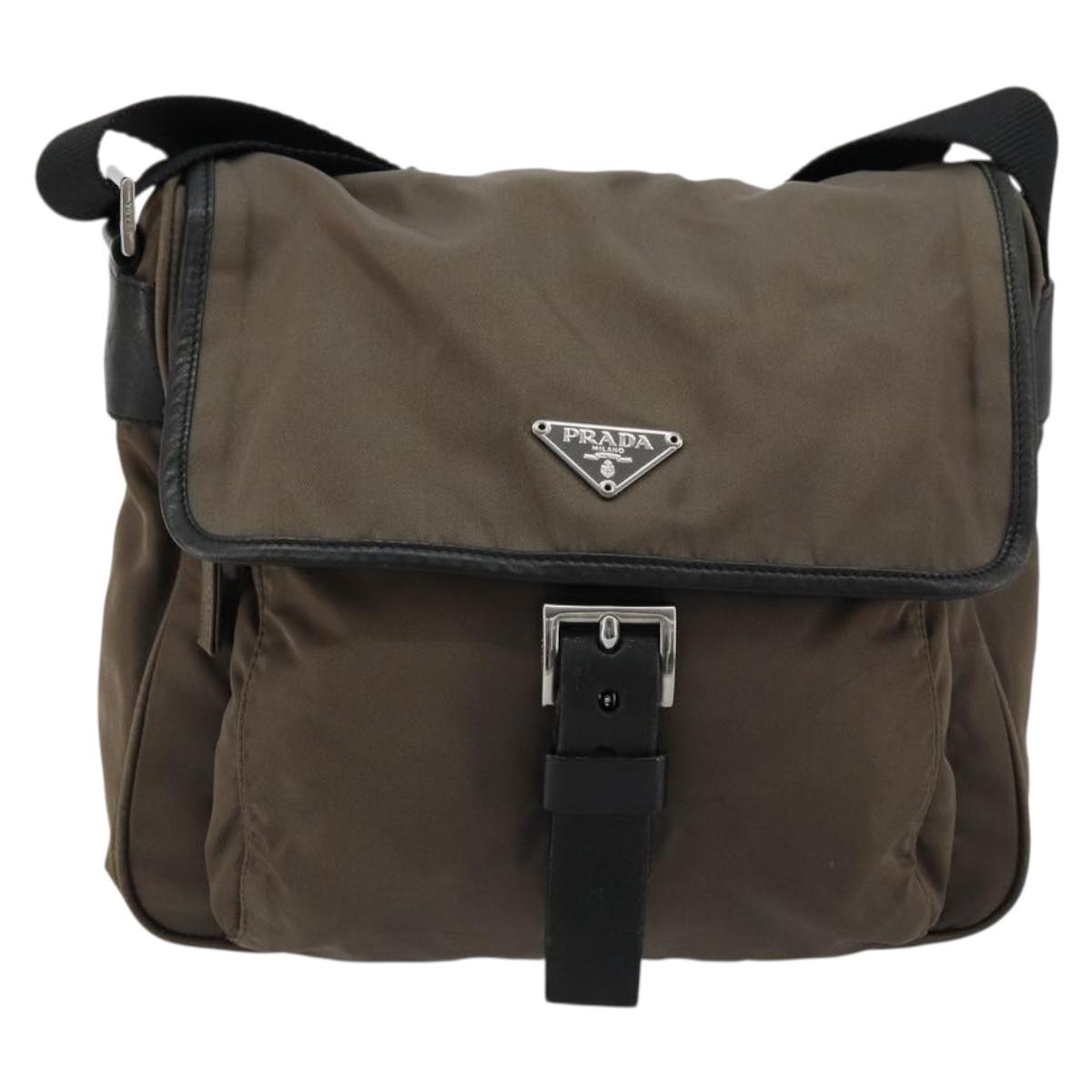 PRADA Shoulder Bag Nylon Beige Silver Auth 178834A