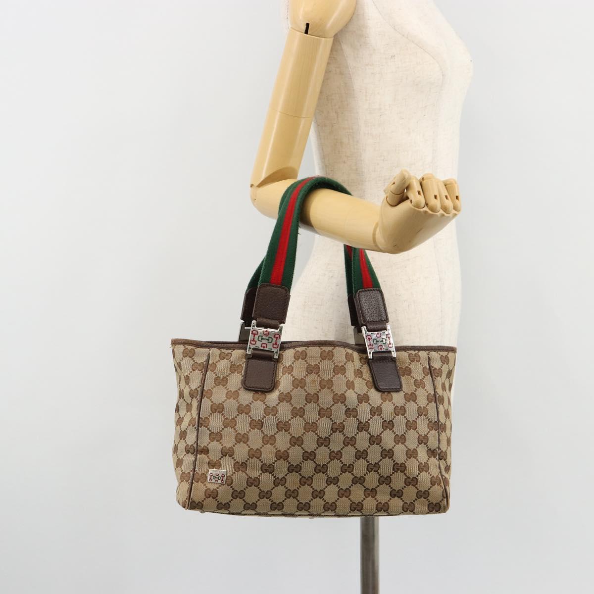 GUCCI GG Canvas Web Sherry Line Hand Bag Beige Silver Auth 178849