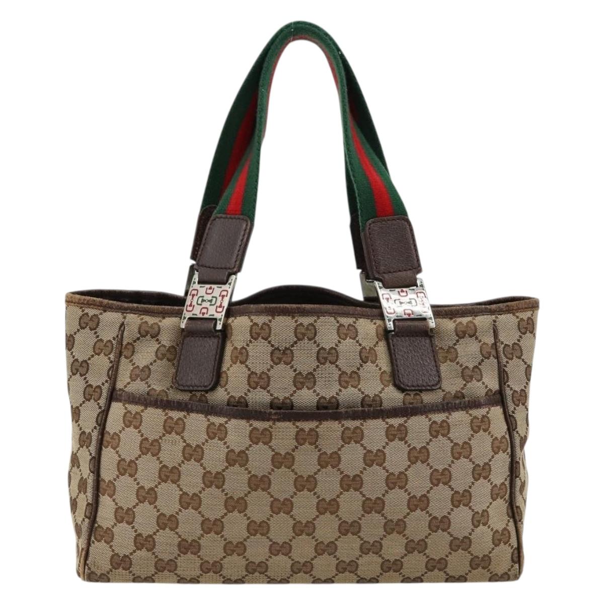 GUCCI GG Canvas Web Sherry Line Hand Bag Beige Silver Auth 178849