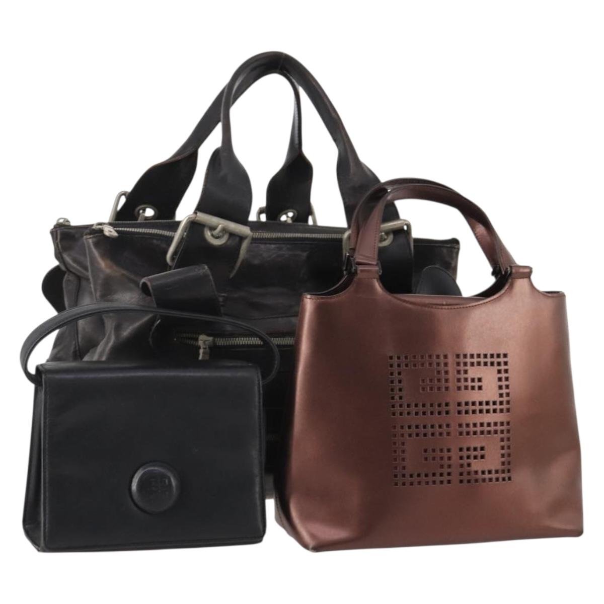 GIVENCHY Chloe Hand Bag Leather 3 Set Black Brown Auth 178857