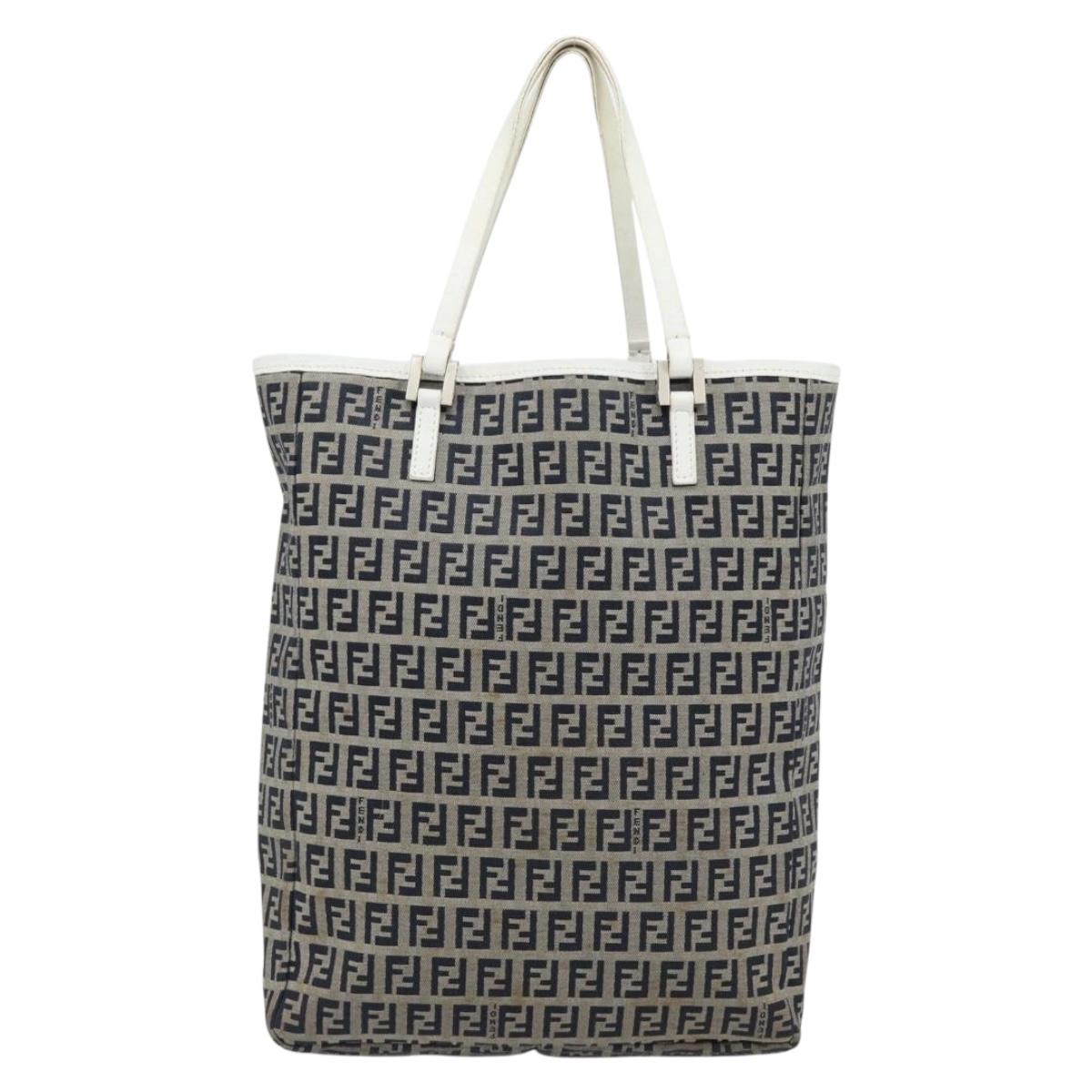 FENDI Zucchino Canvas Hand Bag Navy Silver Auth 178879