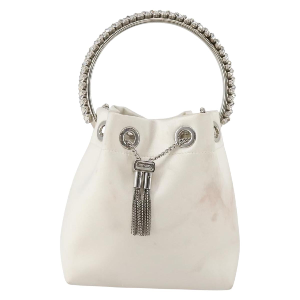 Jimmy Choo Bonbon Chain Shoulder Bag Satin 2way White Silver Auth 178886