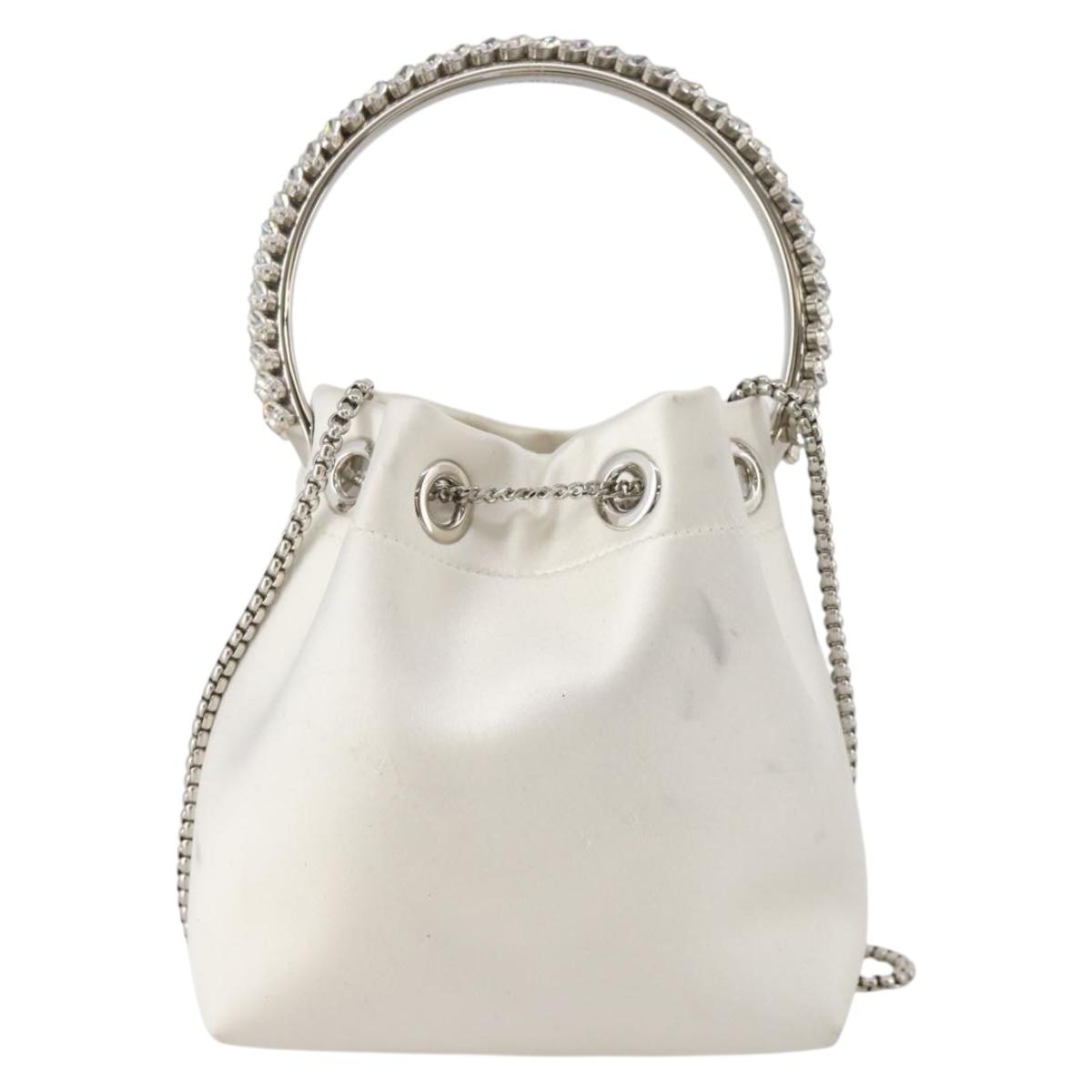 Jimmy Choo Bonbon Chain Shoulder Bag Satin 2way White Silver Auth 178886