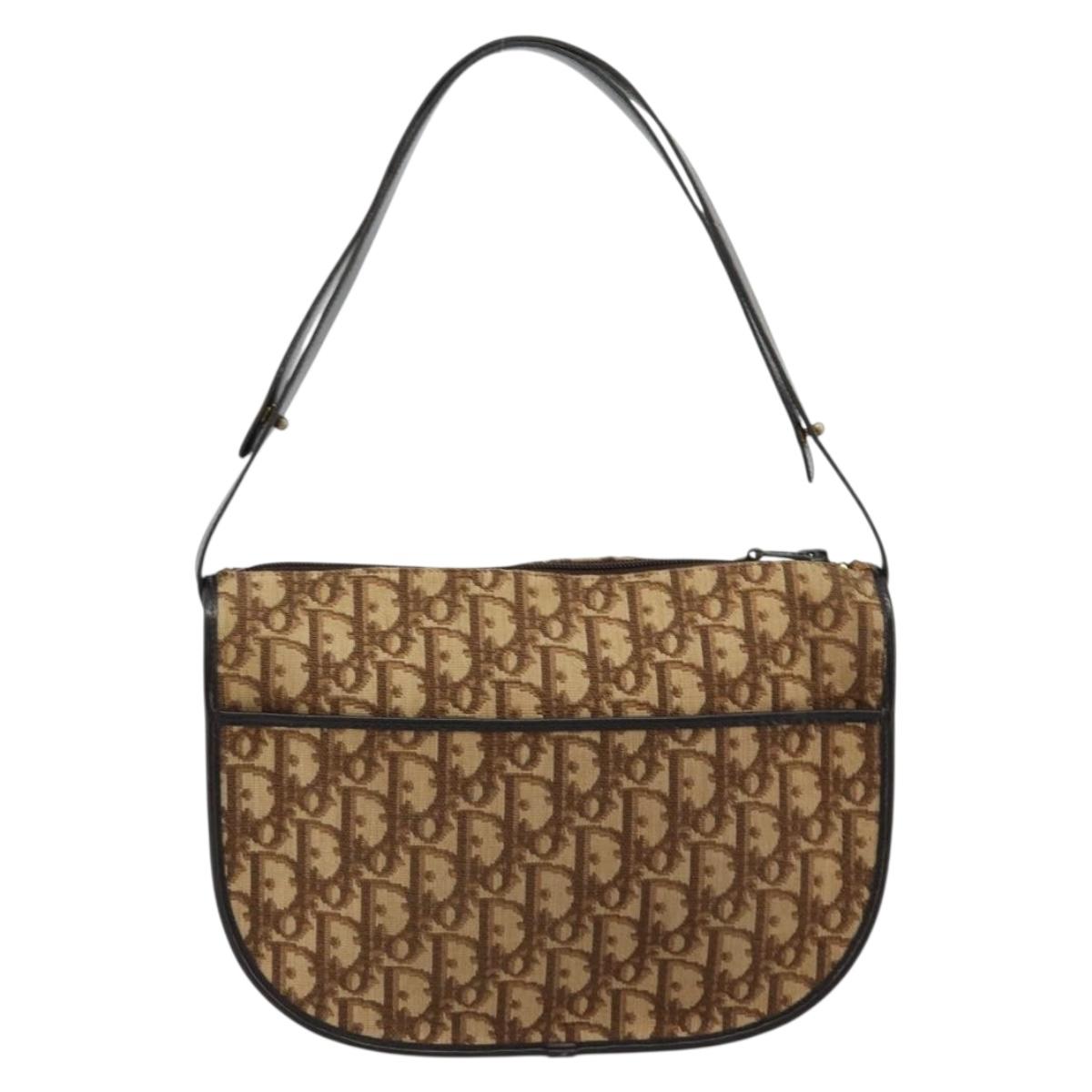 Christian Dior Trotter Canvas Shoulder Bag Beige Gold Auth 178904