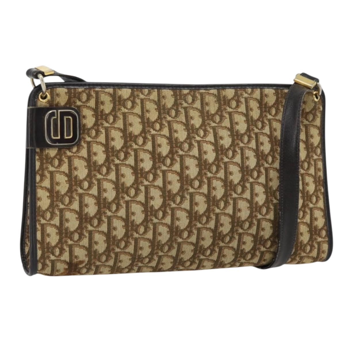 Christian Dior Trotter Canvas Shoulder Bag Beige Gold Auth 178914