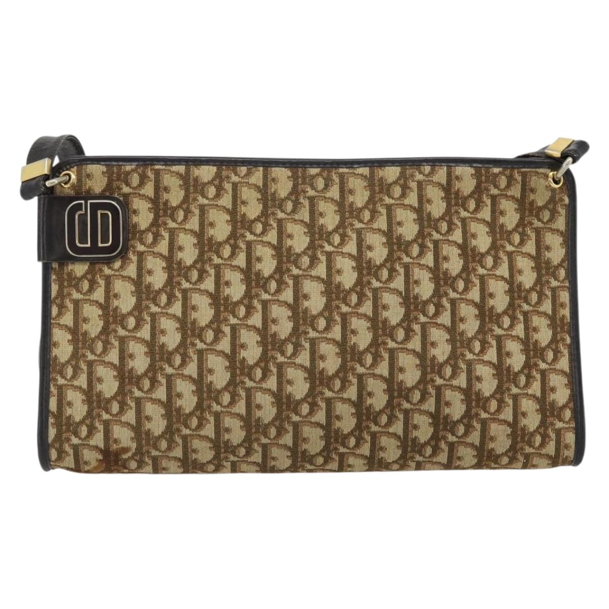 Christian Dior Trotter Canvas Shoulder Bag Beige Gold Auth 178914