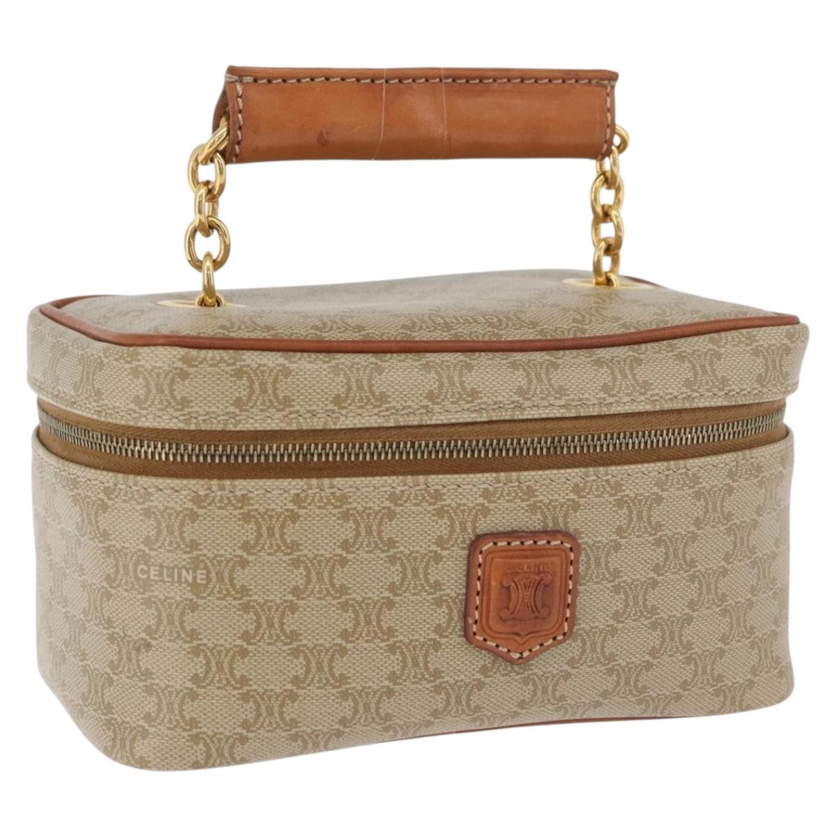 CELINE Macadam Canvas Vanity Hand Bag PVC Leather Beige Gold Auth 178932A