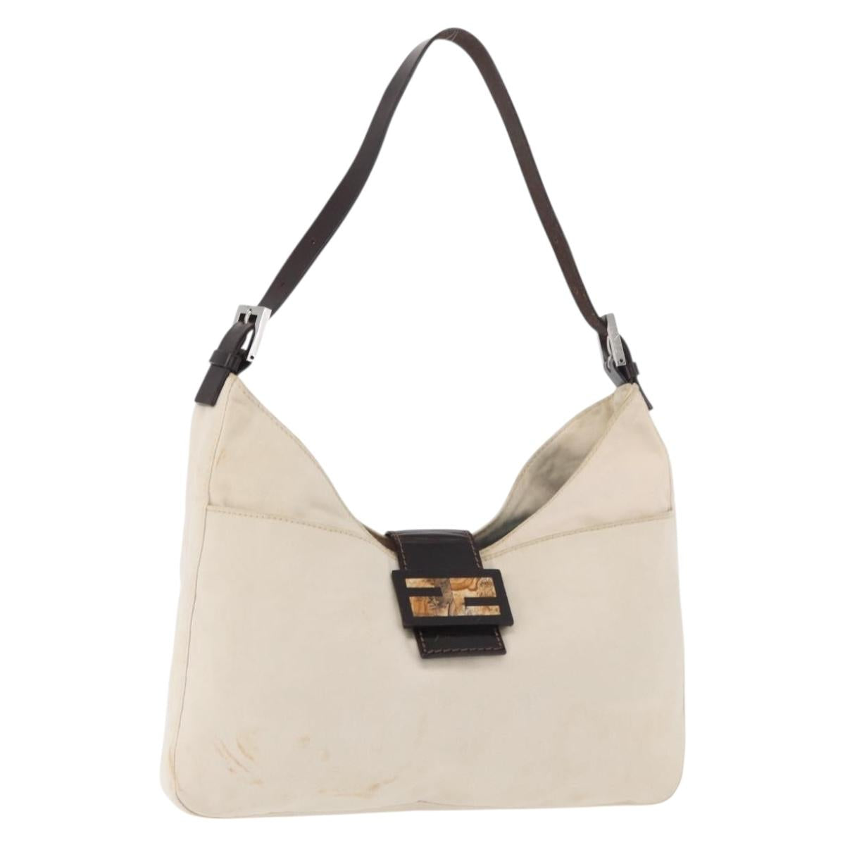 FENDI Mamma Baguette Shoulder Bag Canvas White Silver Auth 178935