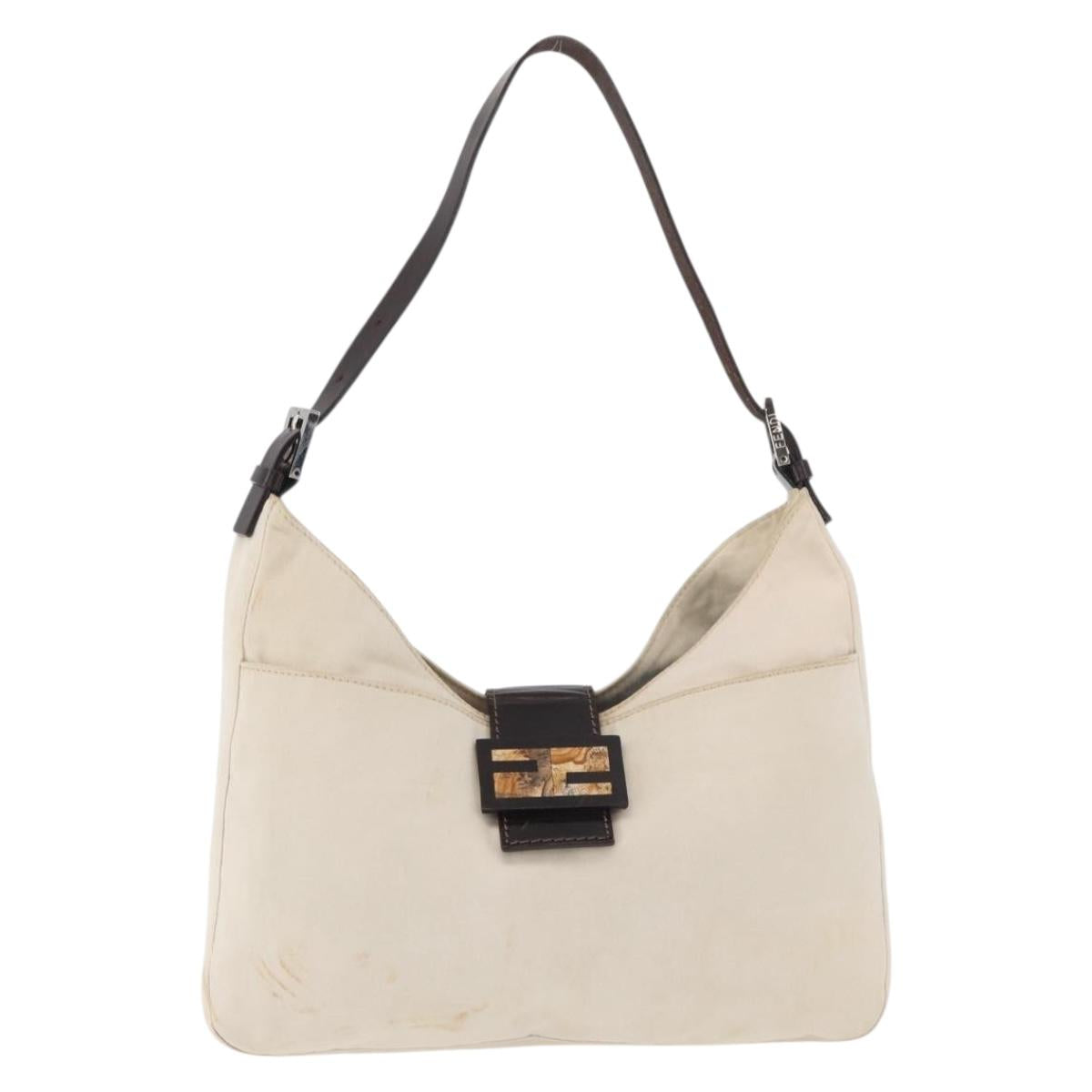 FENDI Mamma Baguette Shoulder Bag Canvas White Silver Auth 178935