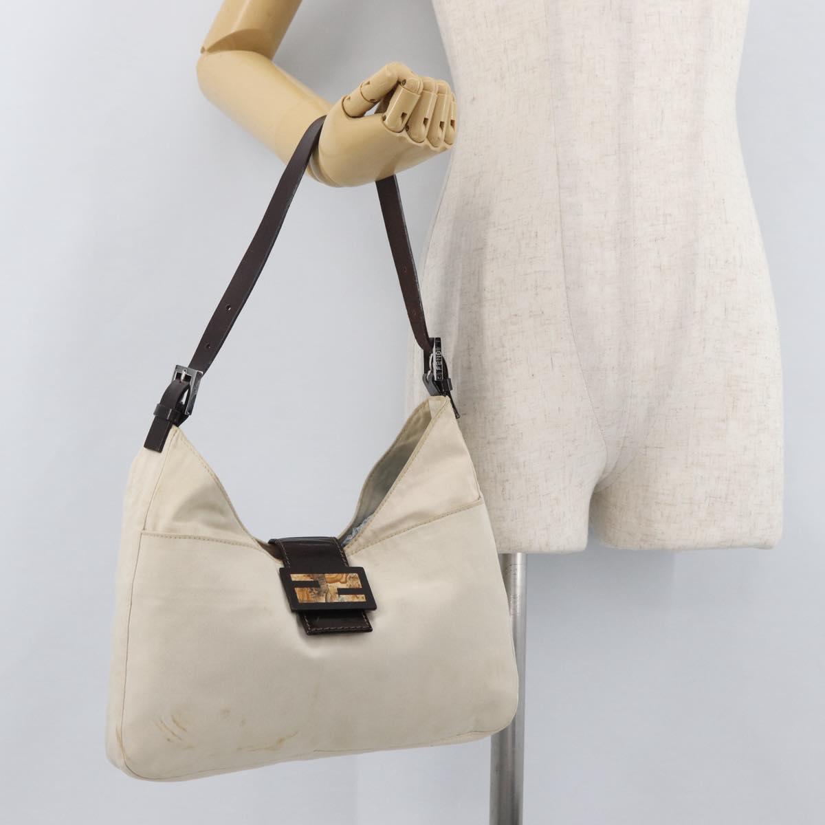FENDI Mamma Baguette Shoulder Bag Canvas White Silver Auth 178935