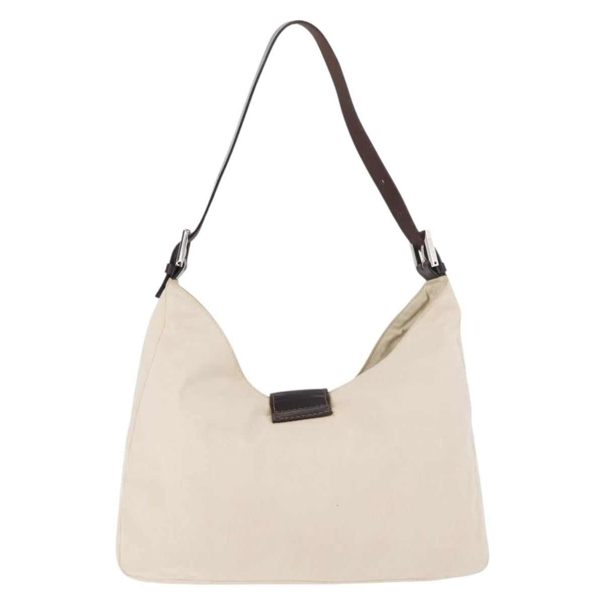 FENDI Mamma Baguette Shoulder Bag Canvas White Silver Auth 178935