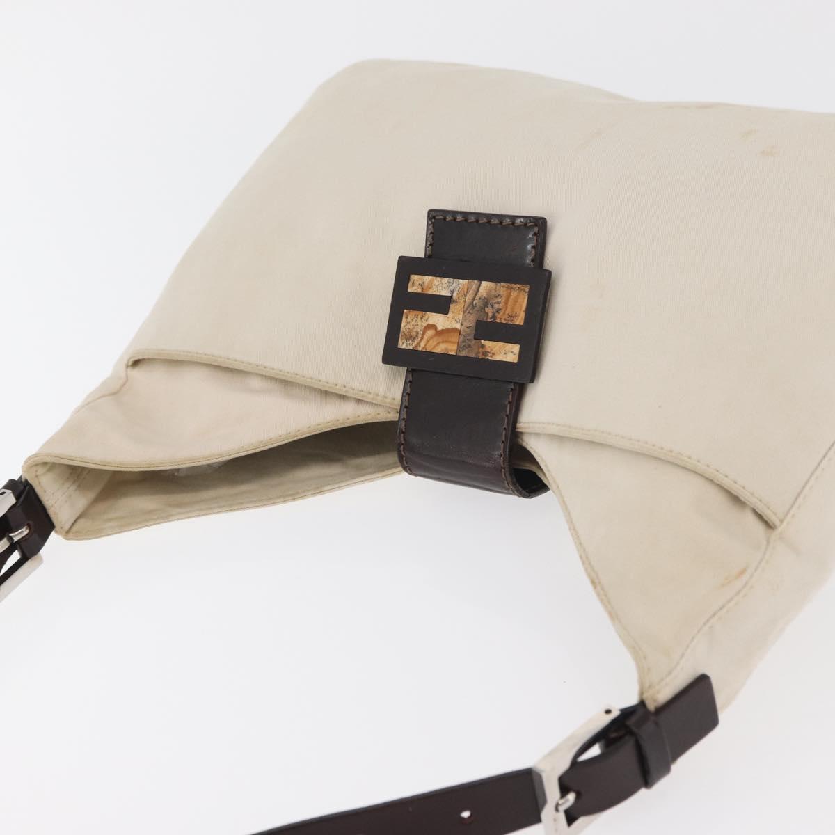 FENDI Mamma Baguette Shoulder Bag Canvas White Silver Auth 178935
