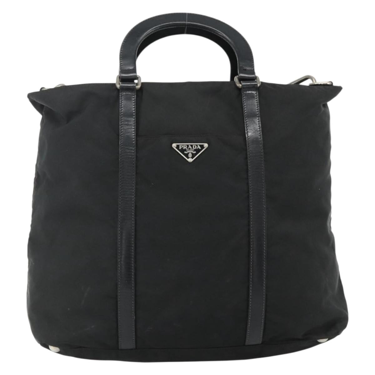 PRADA Hand Bag Nylon 2way Black Silver Auth 178940