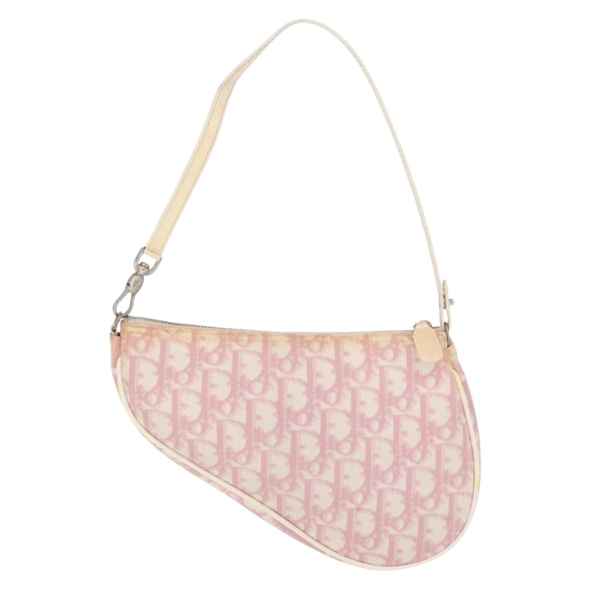 Christian Dior Trotter Canvas Saddle Pouch PVC Pink Silver Auth 178955