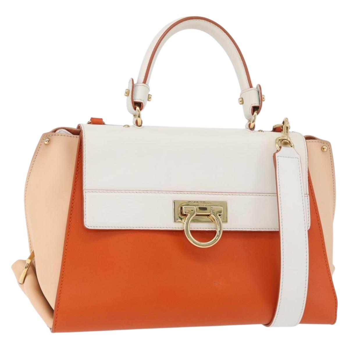 Salvatore Ferragamo Gancini Sofia Hand Bag Leather 2way Orange Gold Auth 178971A