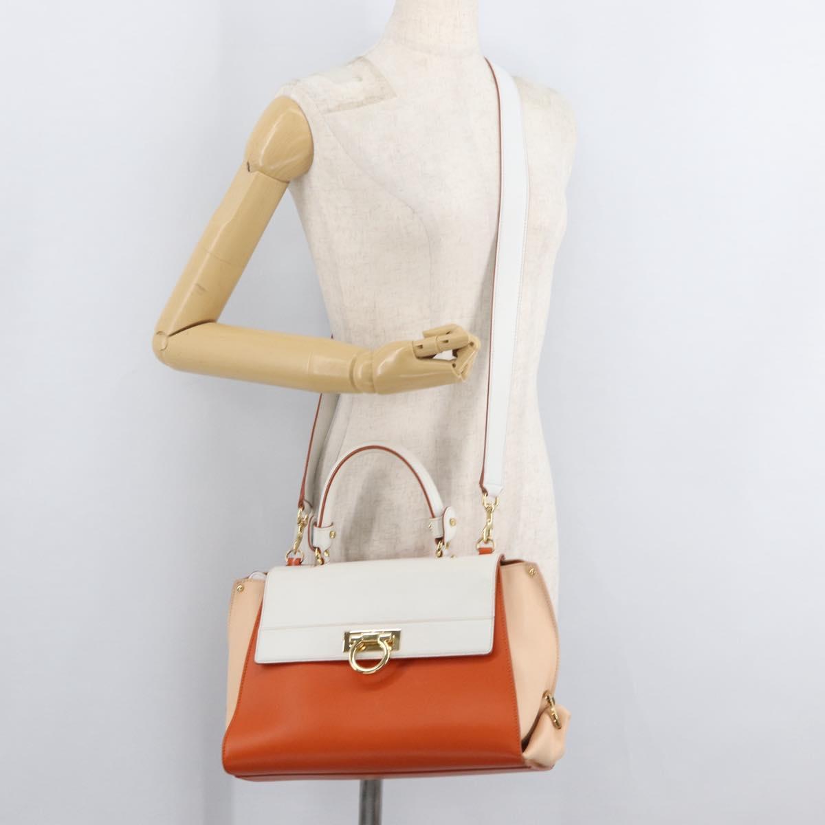 Salvatore Ferragamo Gancini Sofia Hand Bag Leather 2way Orange Gold Auth 178971A