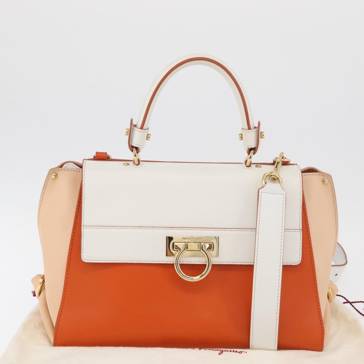 Salvatore Ferragamo Gancini Sofia Hand Bag Leather 2way Orange Gold Auth 178971A