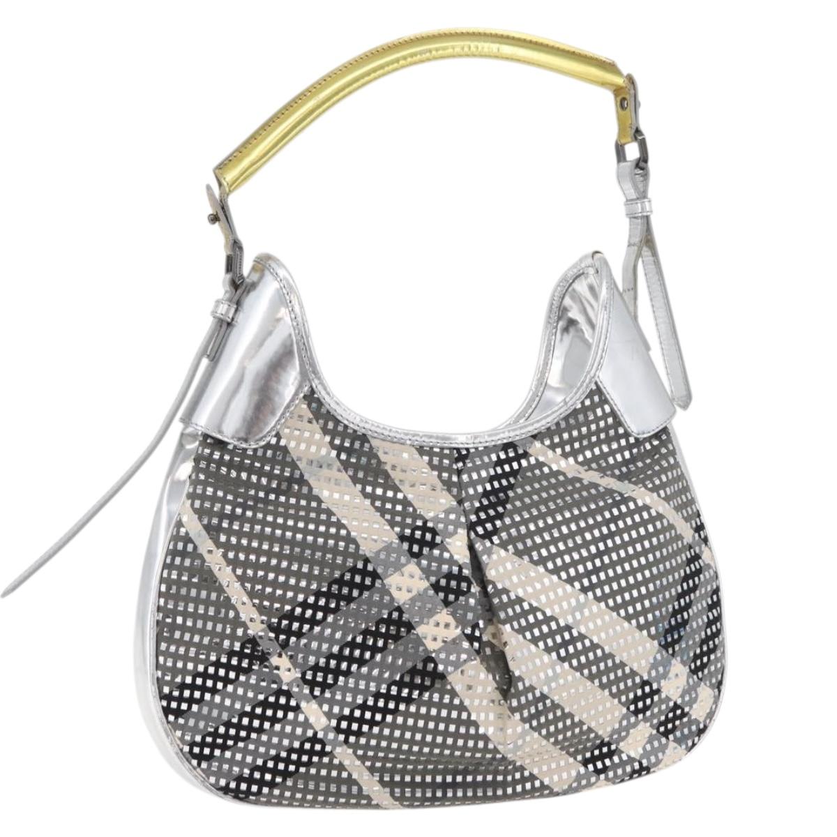 BURBERRY Nova Check Shoulder Bag Leather Silver Auth 179014