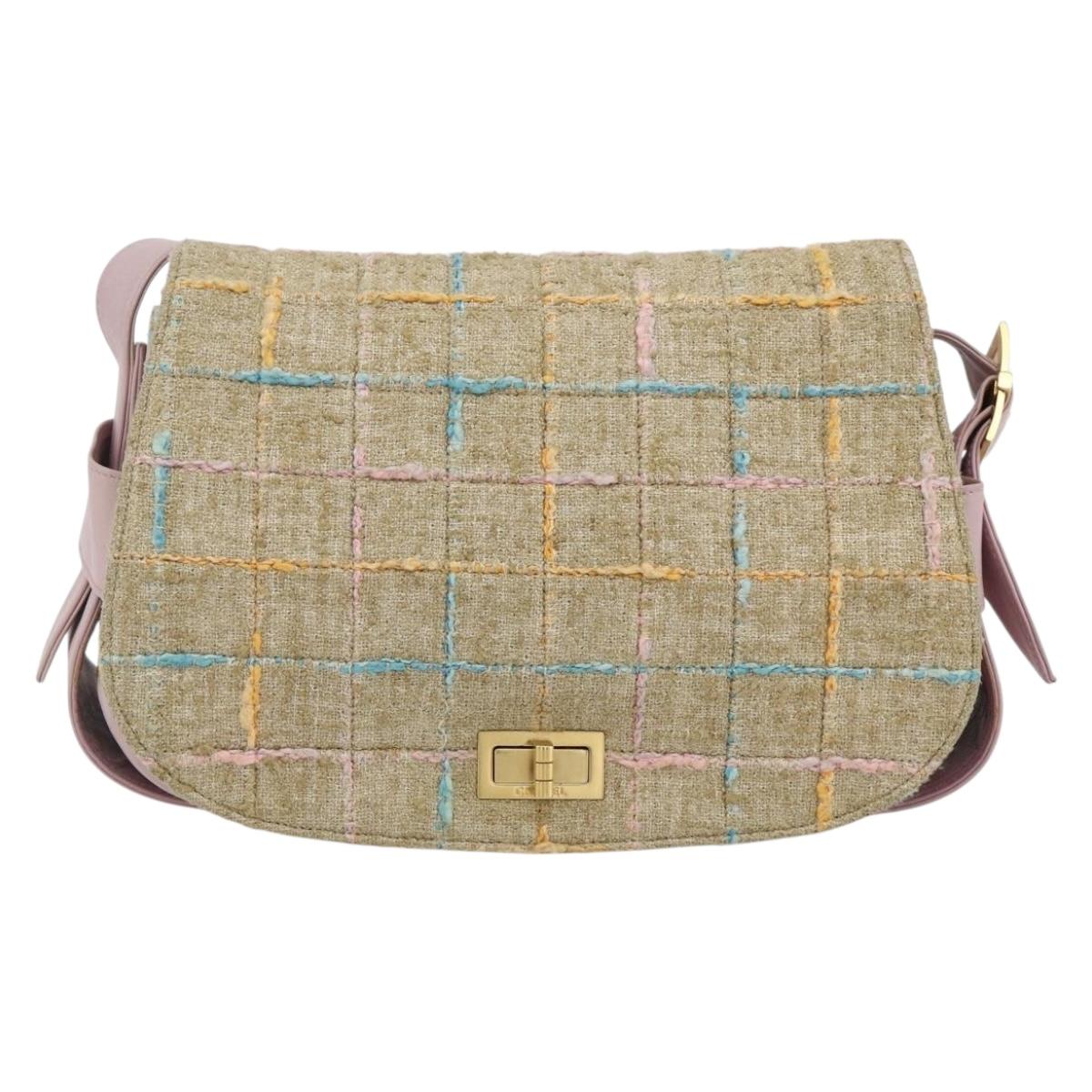 CHANEL 2.55 Shoulder Bag Tweed Pink Gold CC Auth 179020SAV