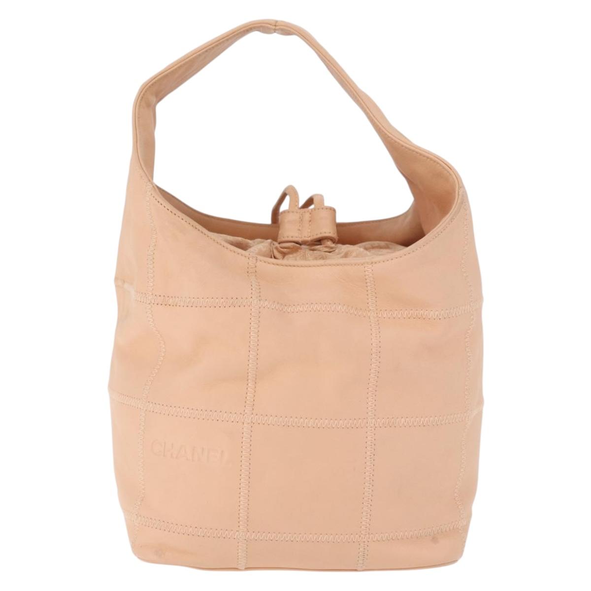 CHANEL Choco Bar Hand Bag Leather Beige CC Auth 179026A