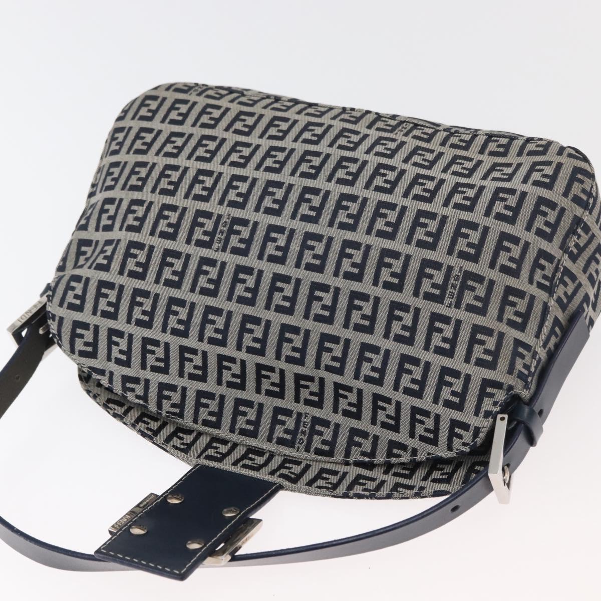 FENDI Zucchino Canvas Mamma Baguette Shoulder Bag Navy Silver Auth 179028SAV