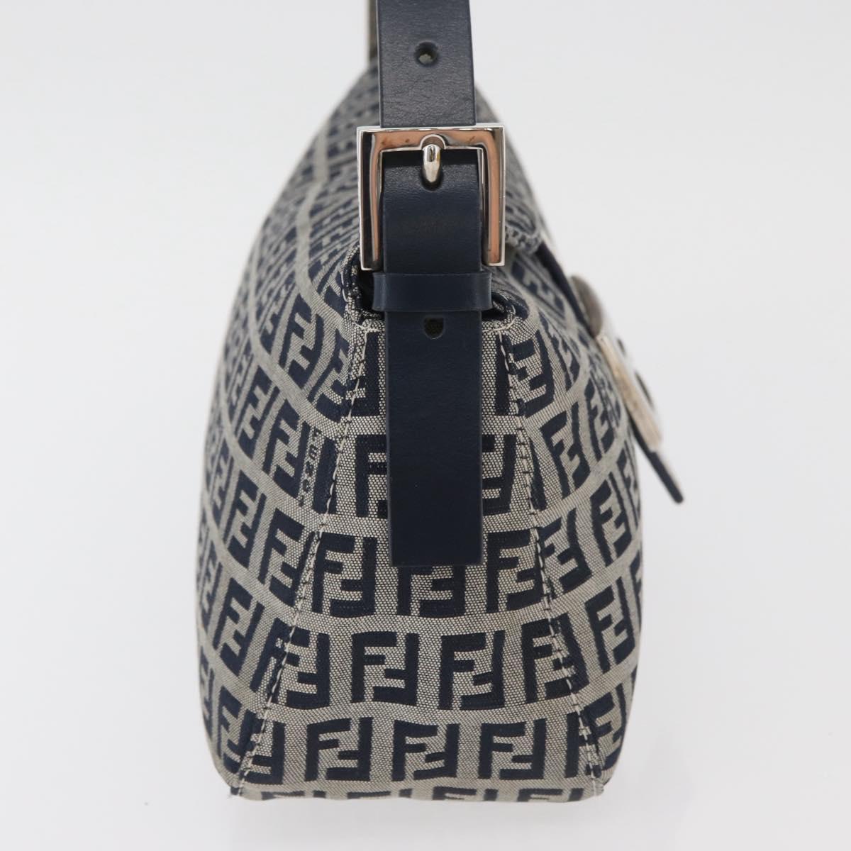 FENDI Zucchino Canvas Mamma Baguette Shoulder Bag Navy Silver Auth 179028SAV