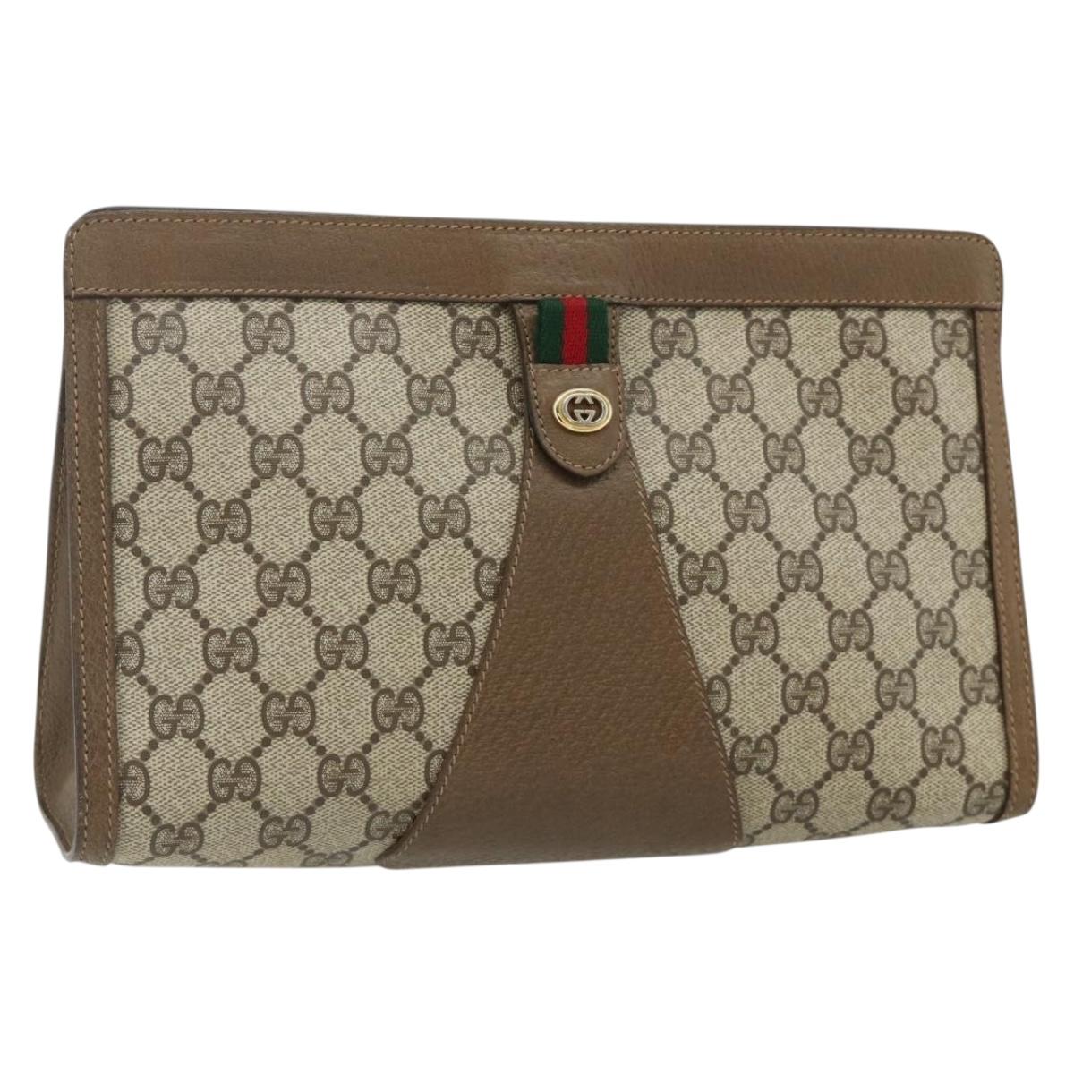 GUCCI GG Supreme Web Sherry Line Clutch Bag PVC Beige Gold 89 01 033 Auth 179040