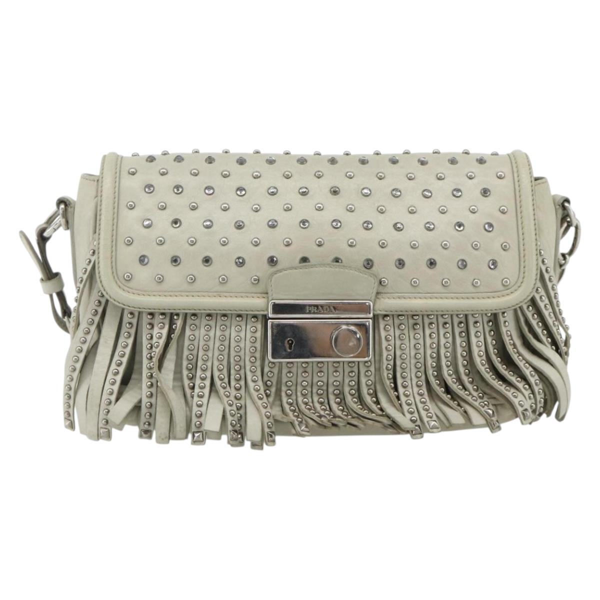 PRADA Chain Shoulder Bag Leather Silver Ivory Auth 179041A
