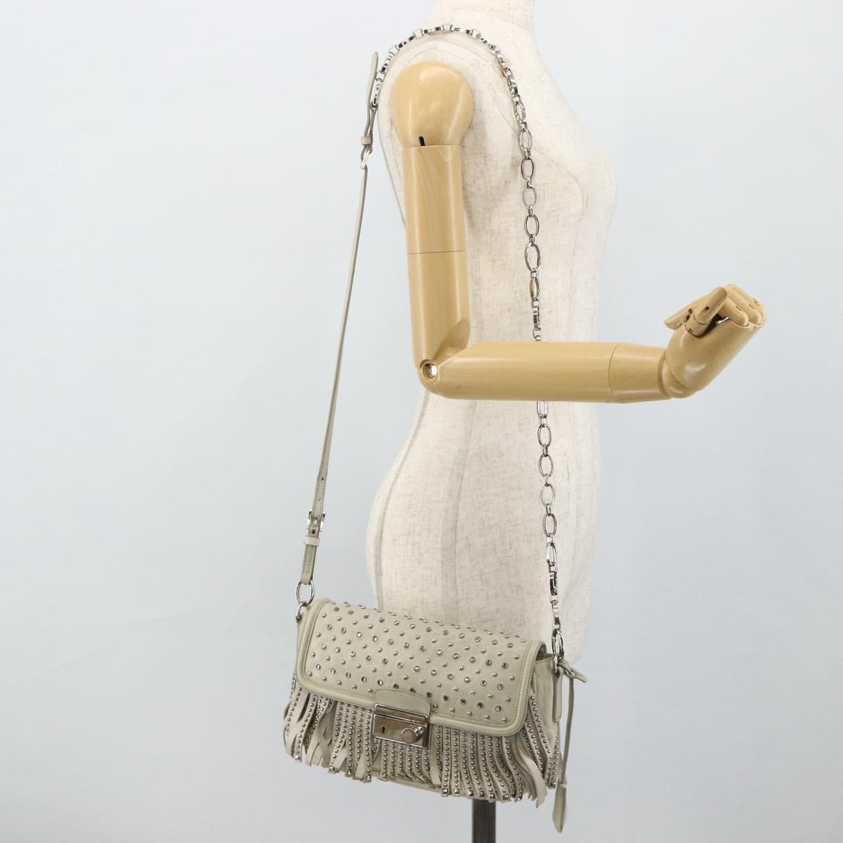 PRADA Chain Shoulder Bag Leather Silver Ivory Auth 179041A