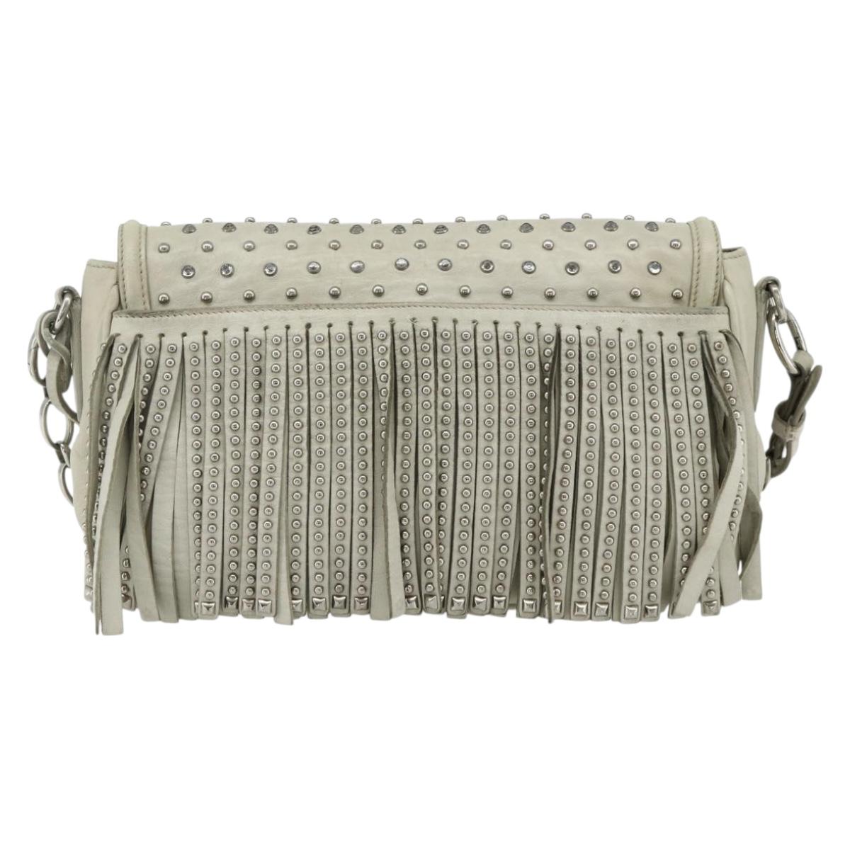 PRADA Chain Shoulder Bag Leather Silver Ivory Auth 179041A