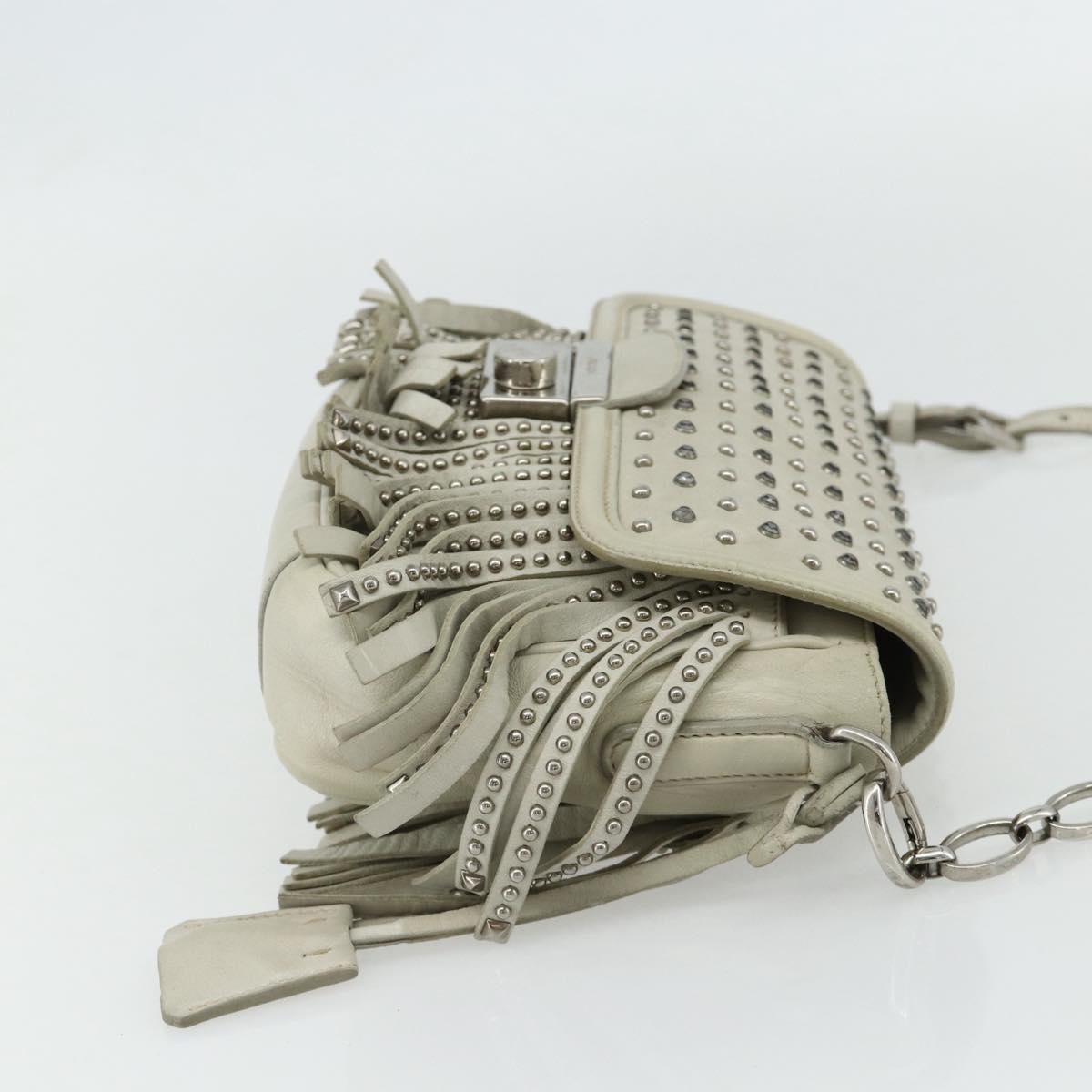 PRADA Chain Shoulder Bag Leather Silver Ivory Auth 179041A